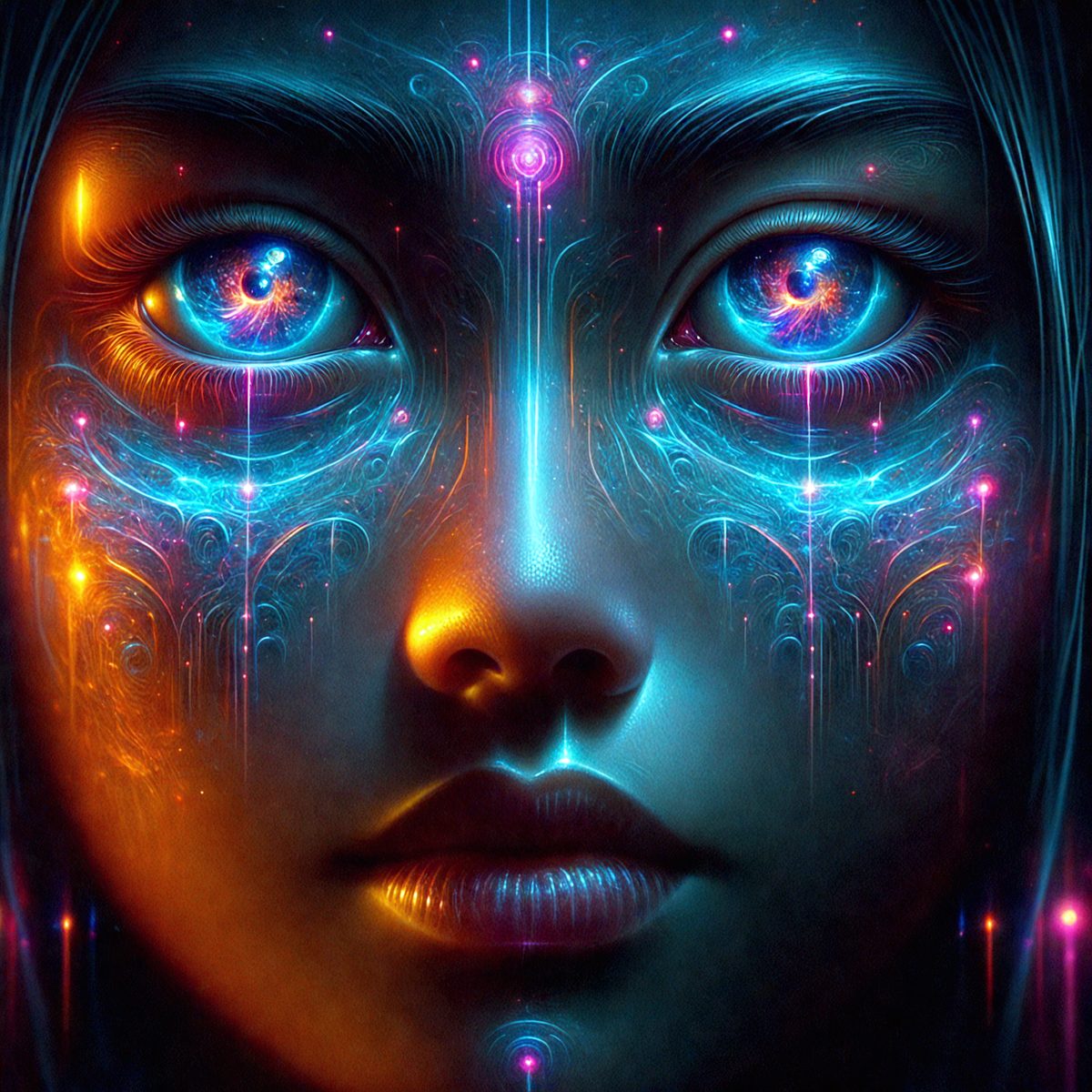 The primary subject of the image is a woman with blue eyes and a blue background. The visual style appears to be a digital art or illustration, as the woman's eyes are described as having a blue glow. The colors and mood of the image are predominantly blue, creating a serene and calming atmosphere.